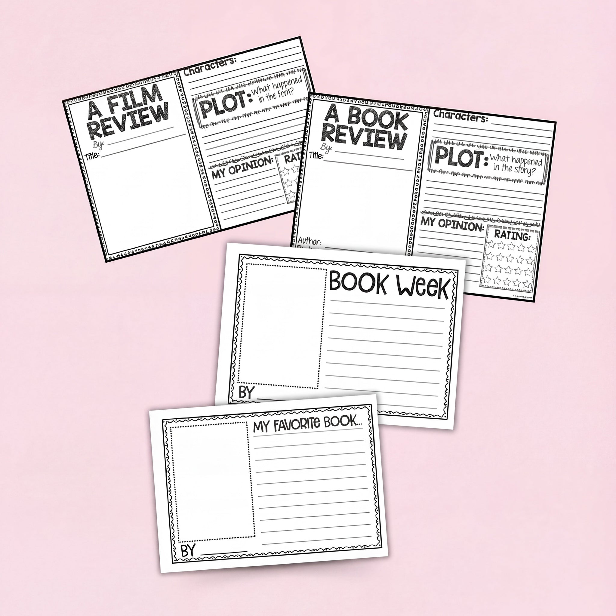 Printable Book Week activity bundle featuring book and film review templates for students to complete as part of a creative literacy celebration in the classroom.