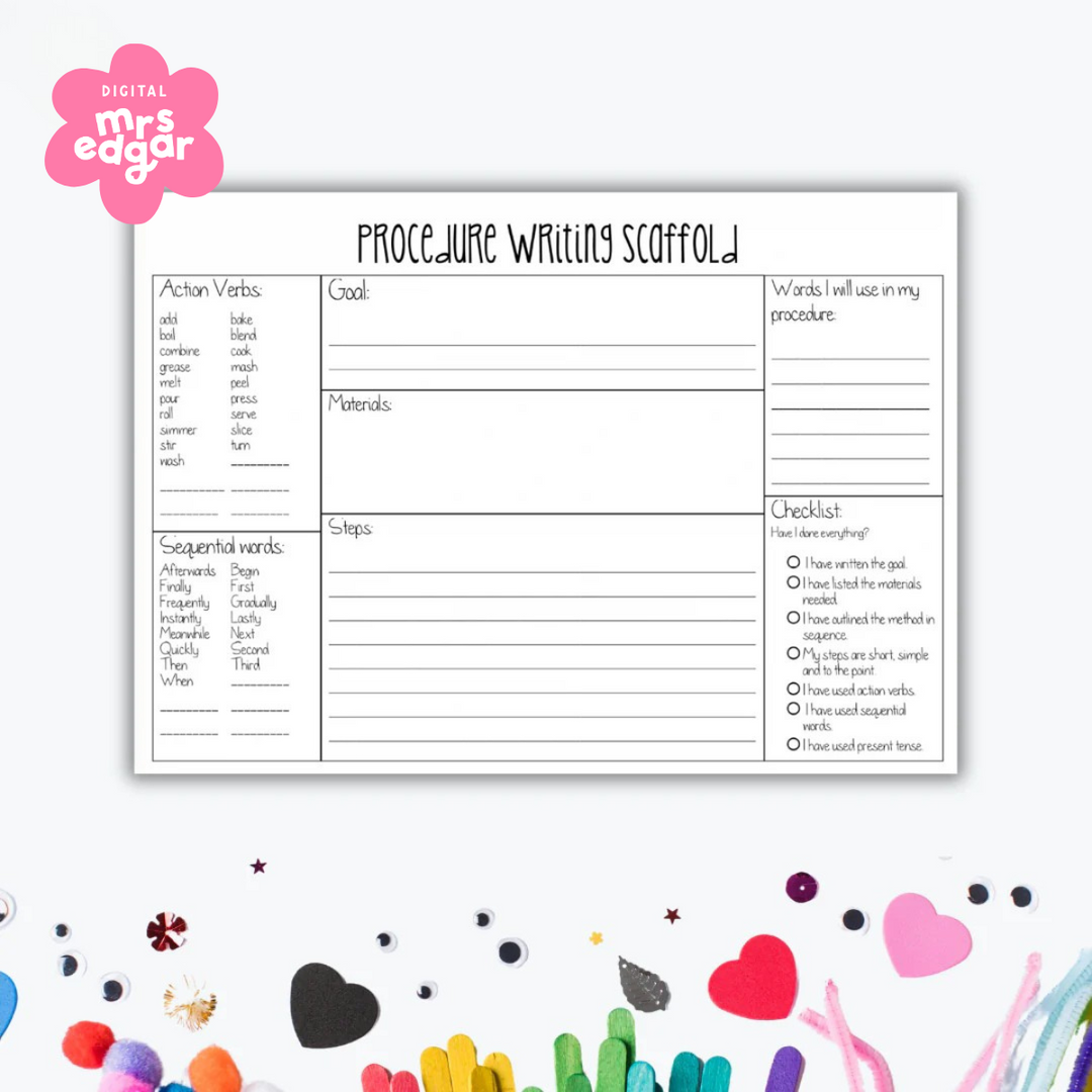 Procedure Writing Scaffold worksheet with sections for goals, materials, steps, action verbs, sequential words, and a checklist to guide students in writing clear procedures.