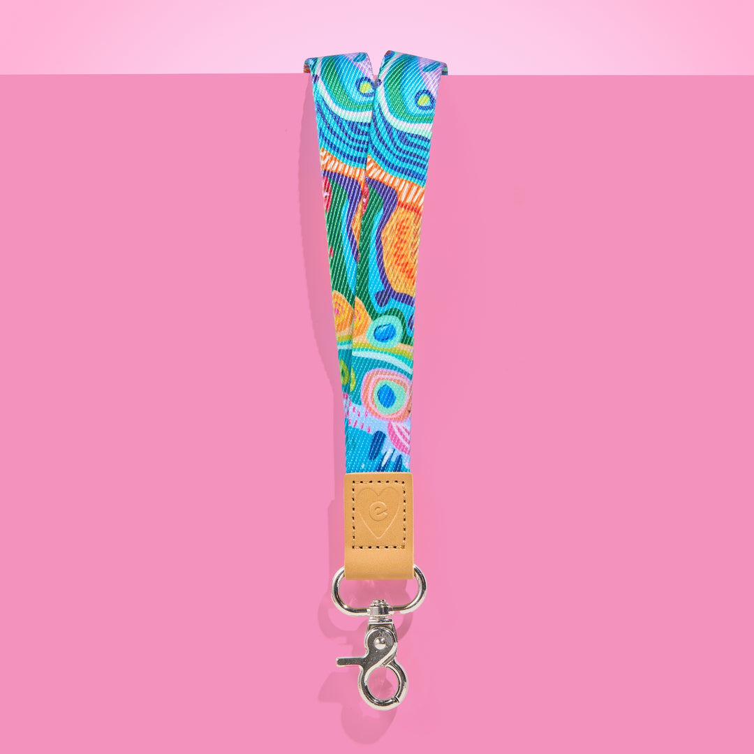 Colourful Reef teacher lanyard featuring abstract coral design and sturdy metal clasp.