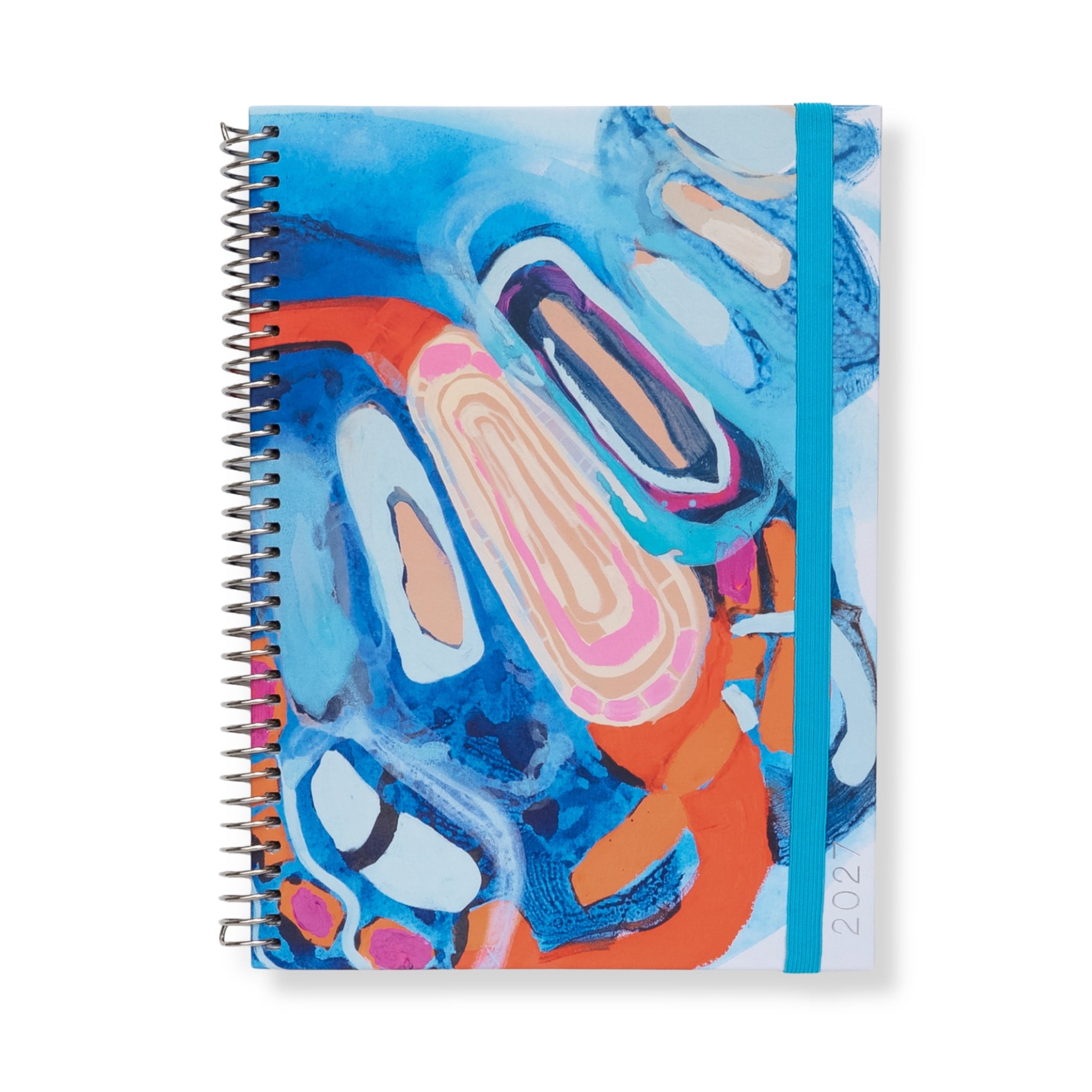 2027 slimline planner with bold abstract artwork in blue, orange and pink, with a teal elastic closure, on a white background.