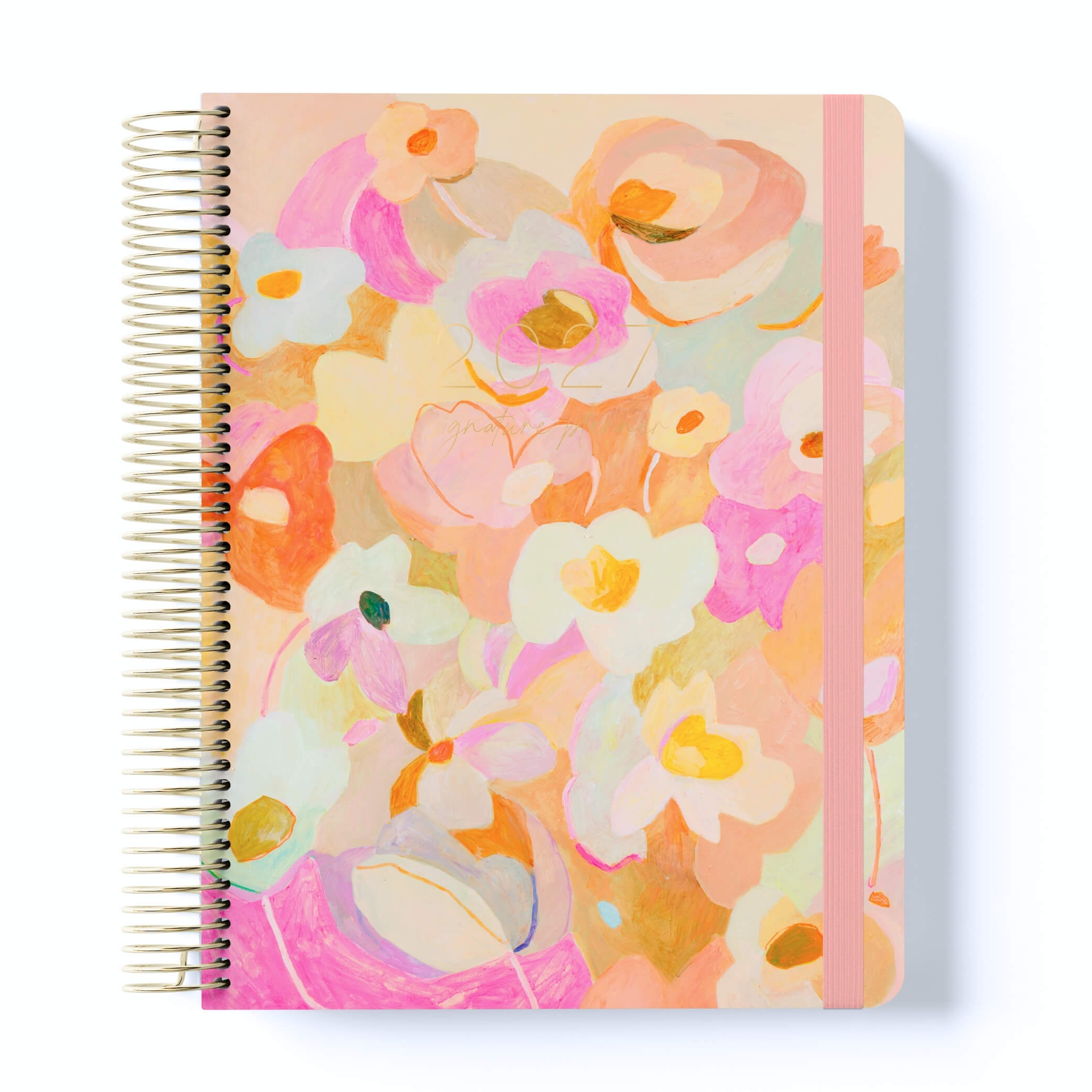2027 Signature Planner in Love Fool with painted floral artwork in pink, peach and cream, gold coil binding, and pink elastic closure.