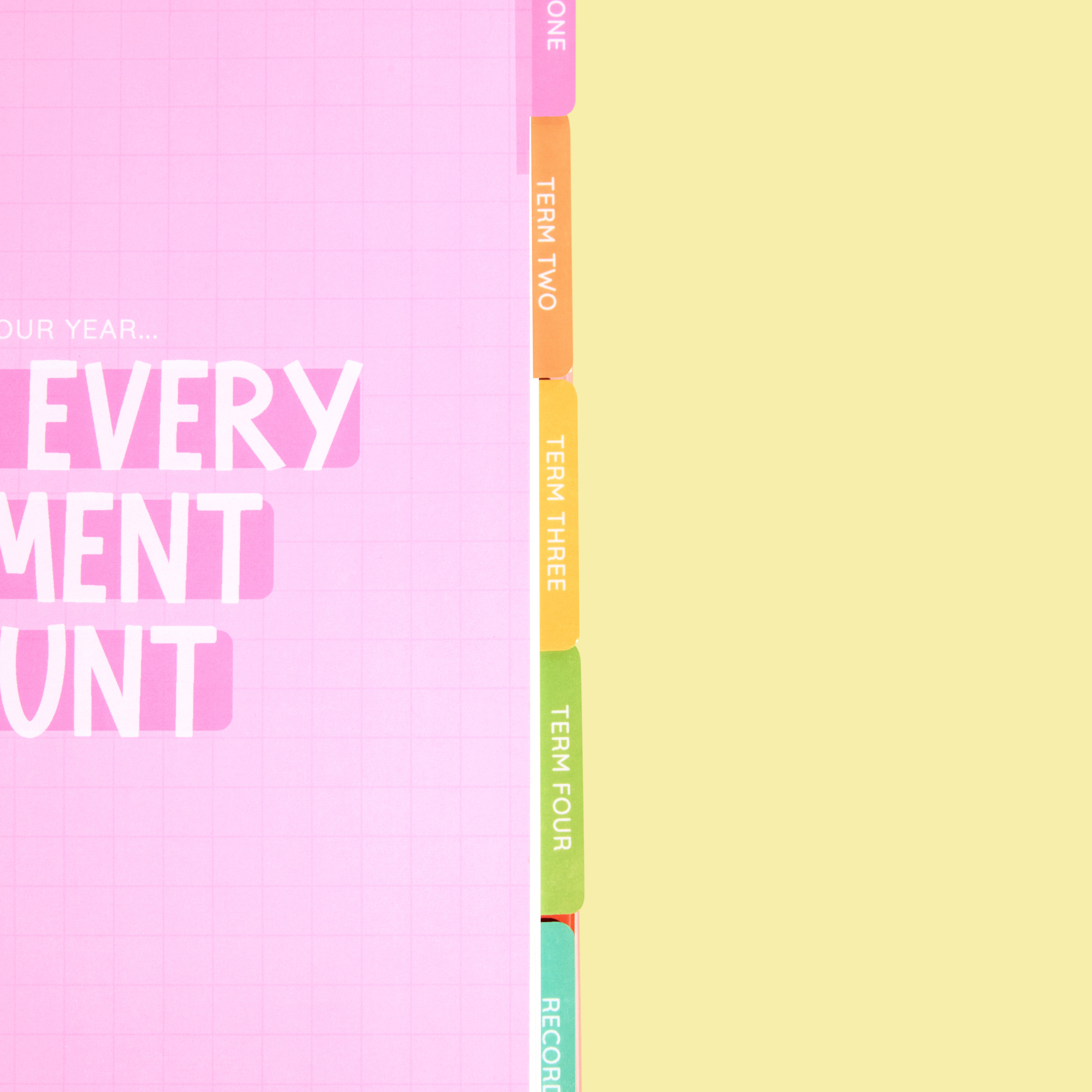 Pastel pink divider page with bold text “Make Every Moment Count” and colourful term tabs along the right edge.