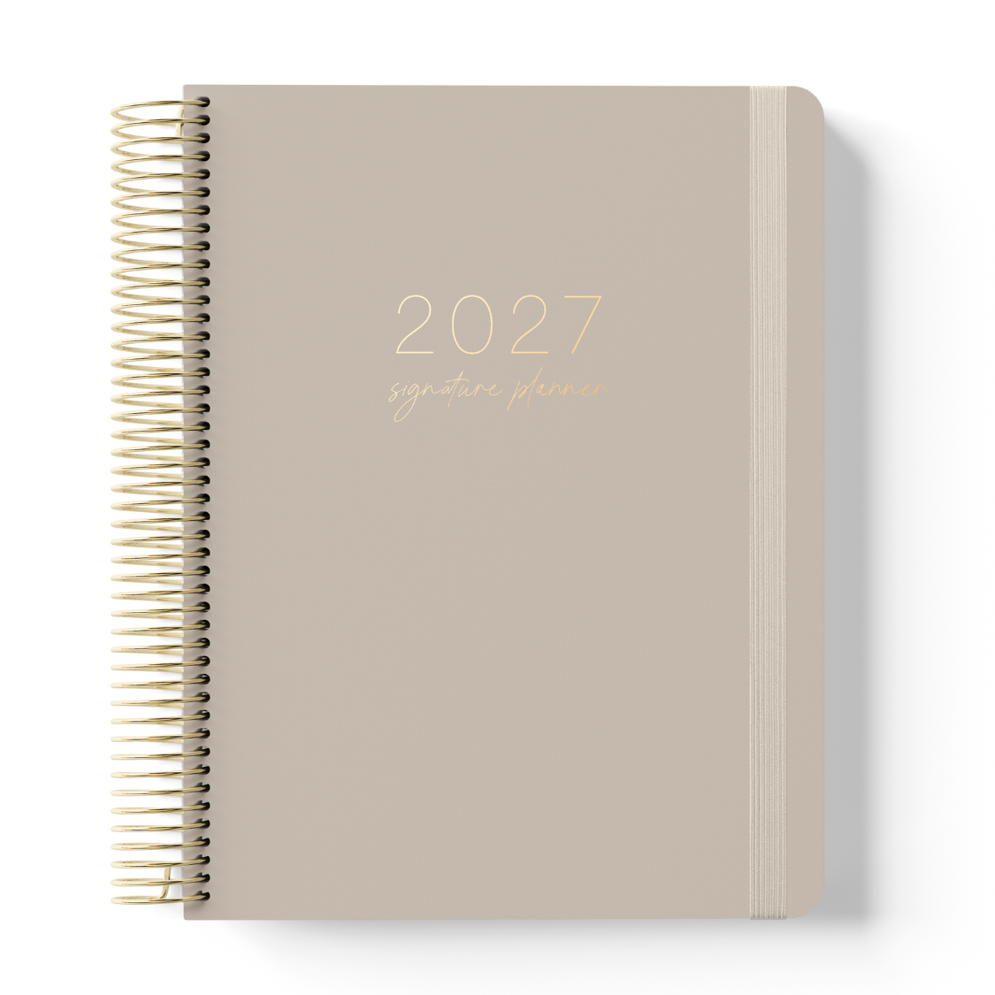 2027 Signature Planner in Latte with gold foil text, gold coil binding, and matching latte elastic closure.