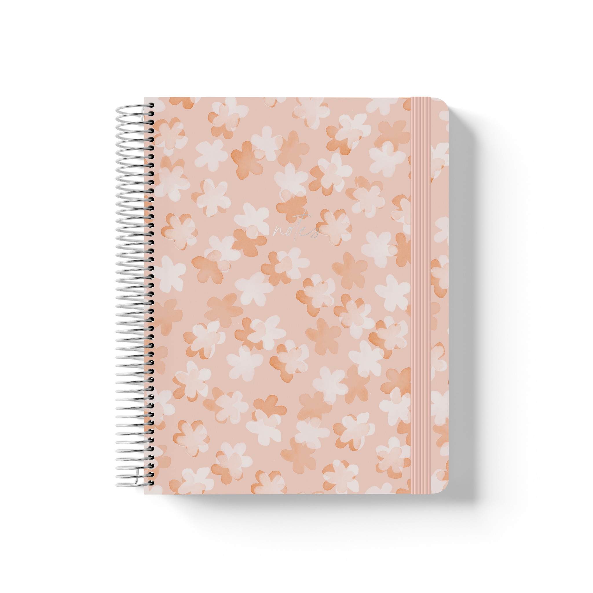 So Sweet spiral notebook with white and tan daisy pattern on blush pink, silver coil binding, and pink elastic closure.