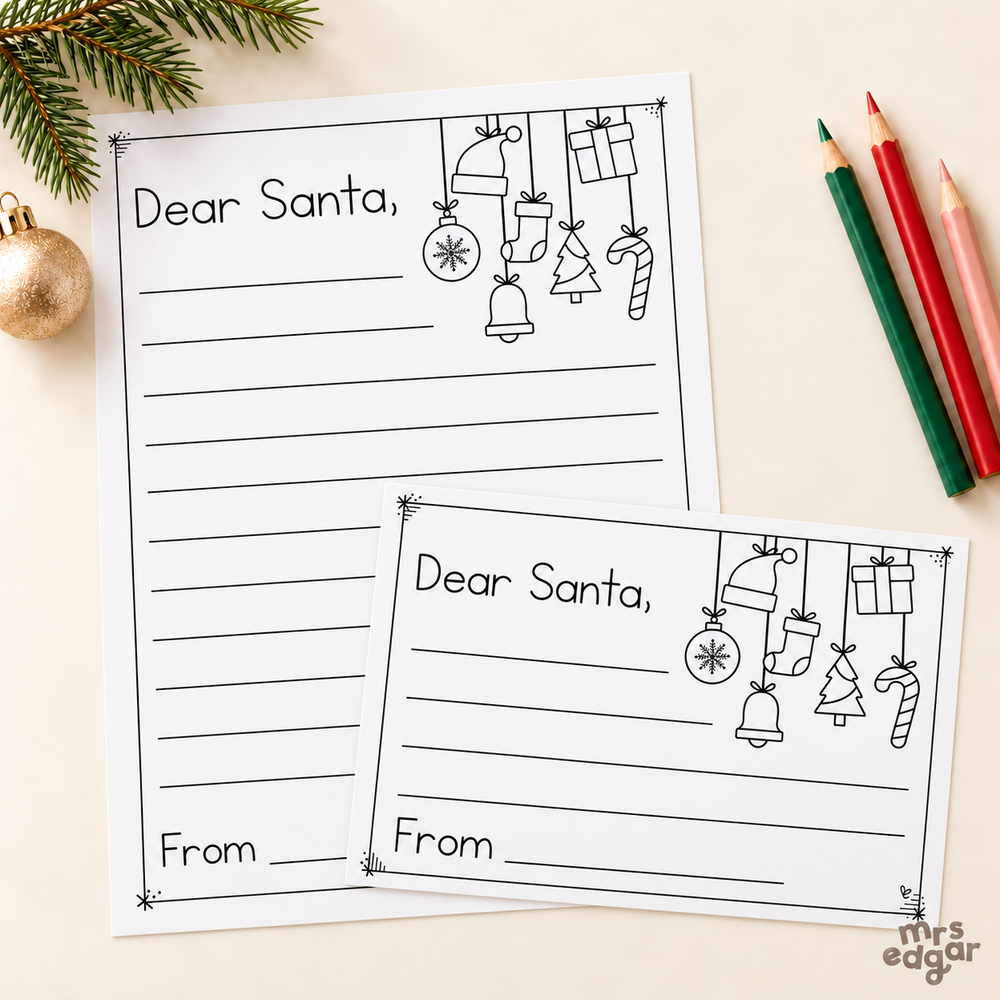 Letter to Santa templates, full page and half page, styled with a fir sprig, bauble and pencils
