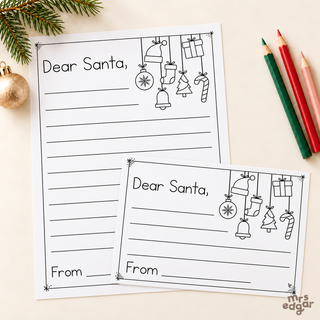 Letter to Santa templates, full page and half page, styled with a fir sprig, bauble and pencils