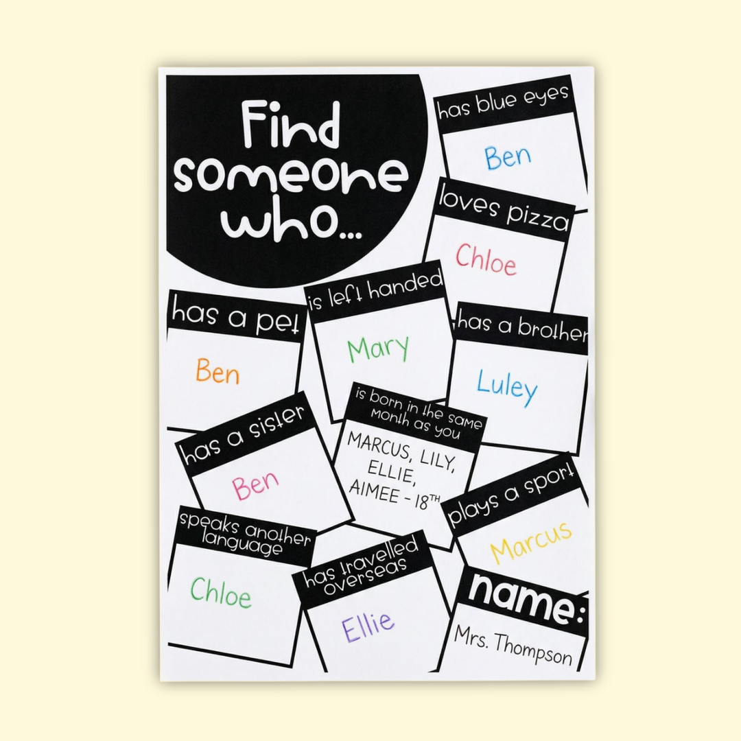 Find Someone Who" printable worksheet displayed with colorful classroom decorations such as pom-poms, hearts, and craft supplies. The black and white activity sheet encourages students to interact and learn about their classmates through engaging prompts.