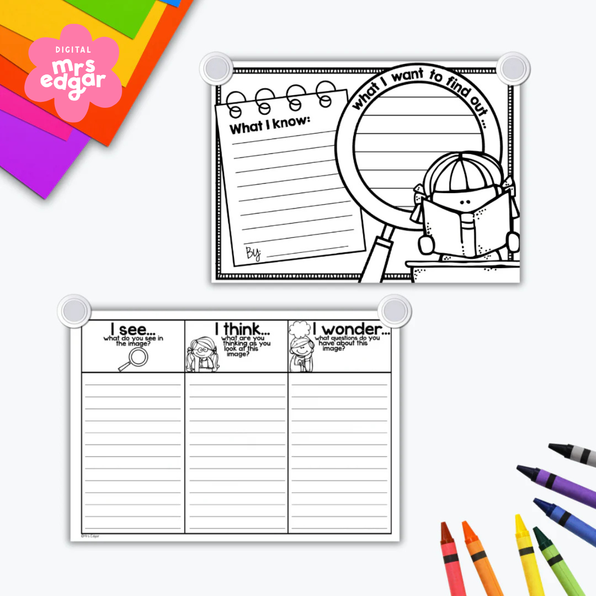 Black and white 'I See, I Think, I Wonder' worksheet for student observations, reflections, and questions. Divided into three sections with guiding prompts and icons.