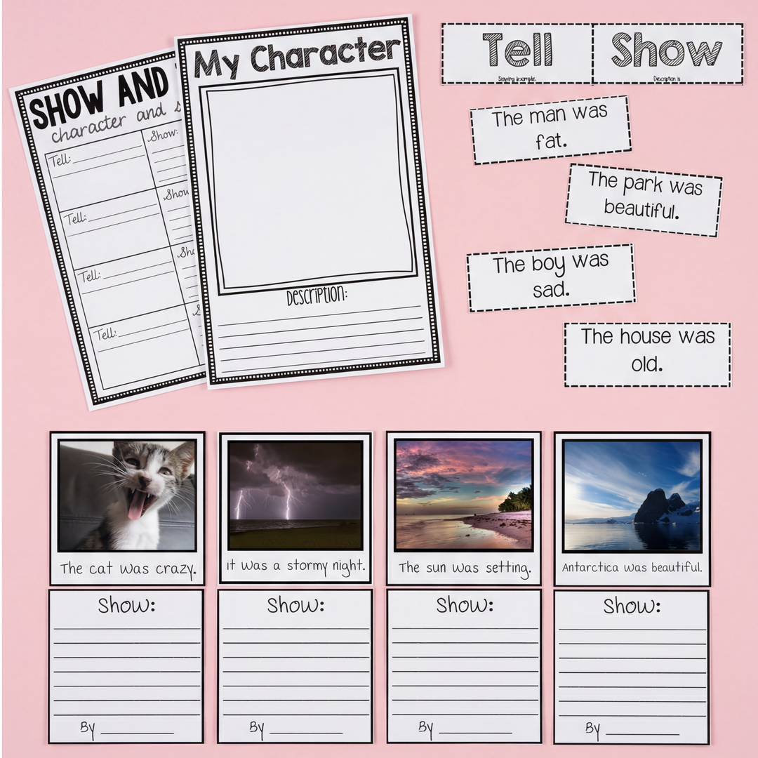 A collage of writing activity sheets for "Show, Don't Tell," featuring sentence strips, character description worksheets, and image-based writing prompts. Scissors and cut-out phrases are included, indicating an interactive learning exercise.