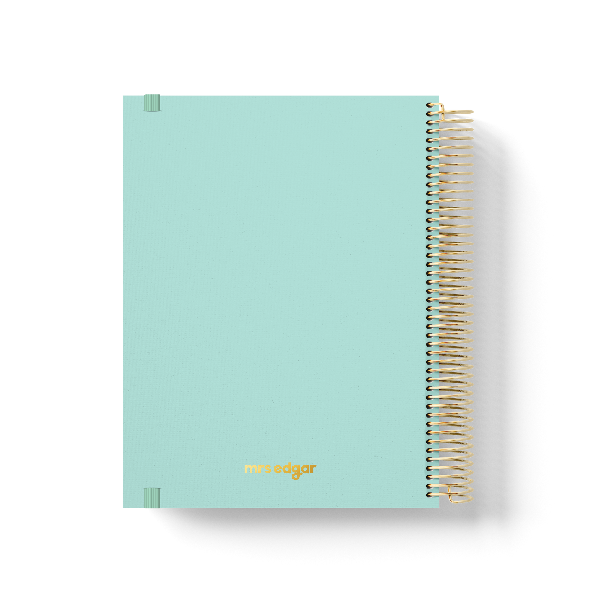 Mint green 2026 teacher planner back cover with gold foil “mrs edgar” logo and gold coil binding.
