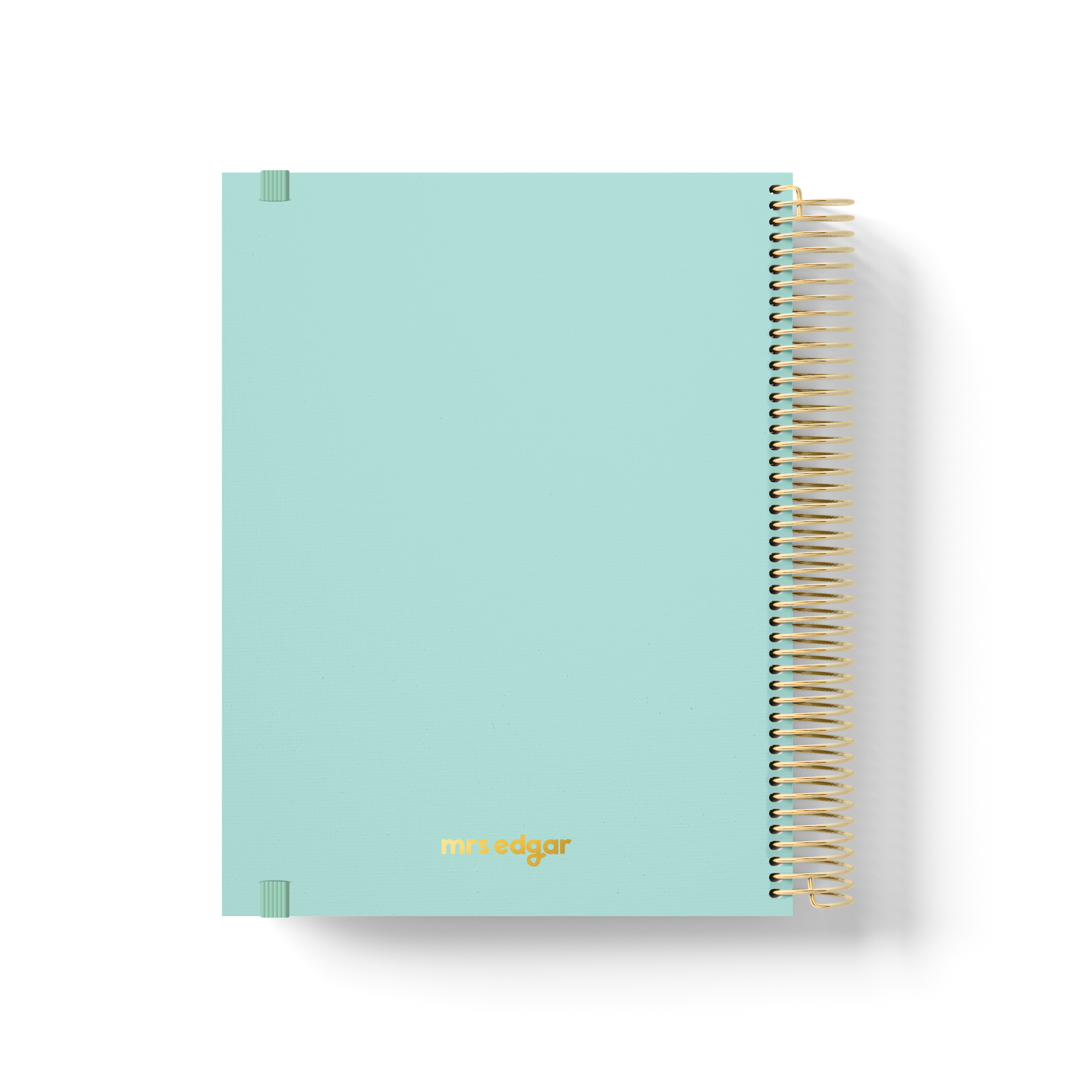 Mint green 2026 teacher planner back cover with gold foil “mrs edgar” logo and gold coil binding.

