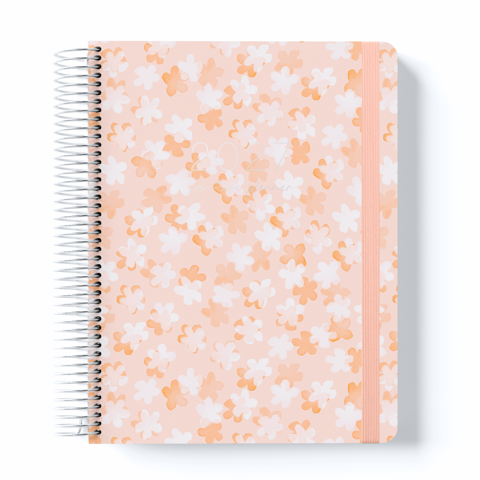 Peach floral 2027 signature planner with white and orange flower pattern, silver spiral binding, and elastic closure band.