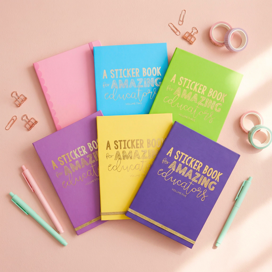 Teacher sticker book bundle with colourful covers in pink, blue, green, purple, yellow and navy, designed for classroom rewards and organisation