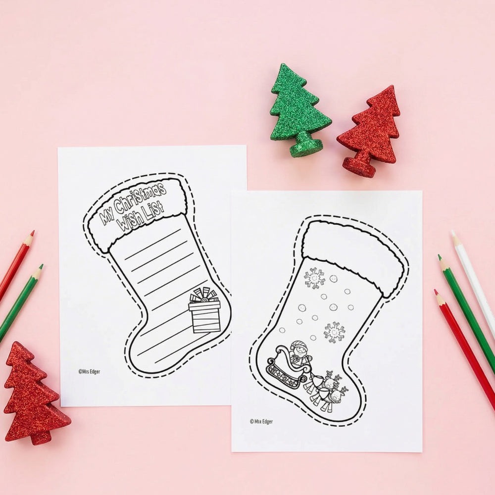 Set of printable Christmas stocking worksheets including a wish list writing template and a colouring design with Santa and reindeer. The pages are displayed on a pink background with coloured pencils and Christmas decorations.
