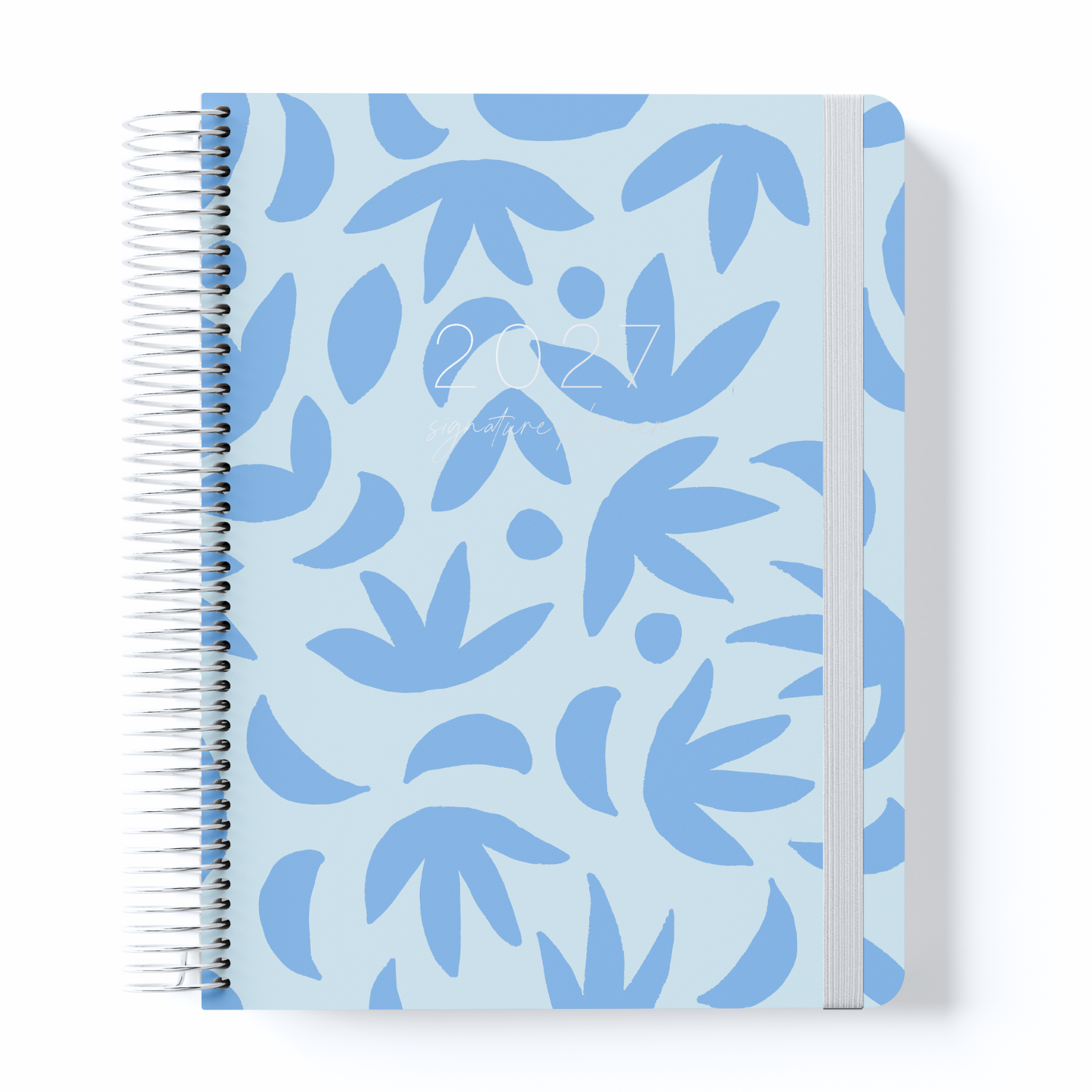 2027 Sunburst Sky Weekly Teacher Planner with blue floral cover, silver coil and grey elastic on a white background.