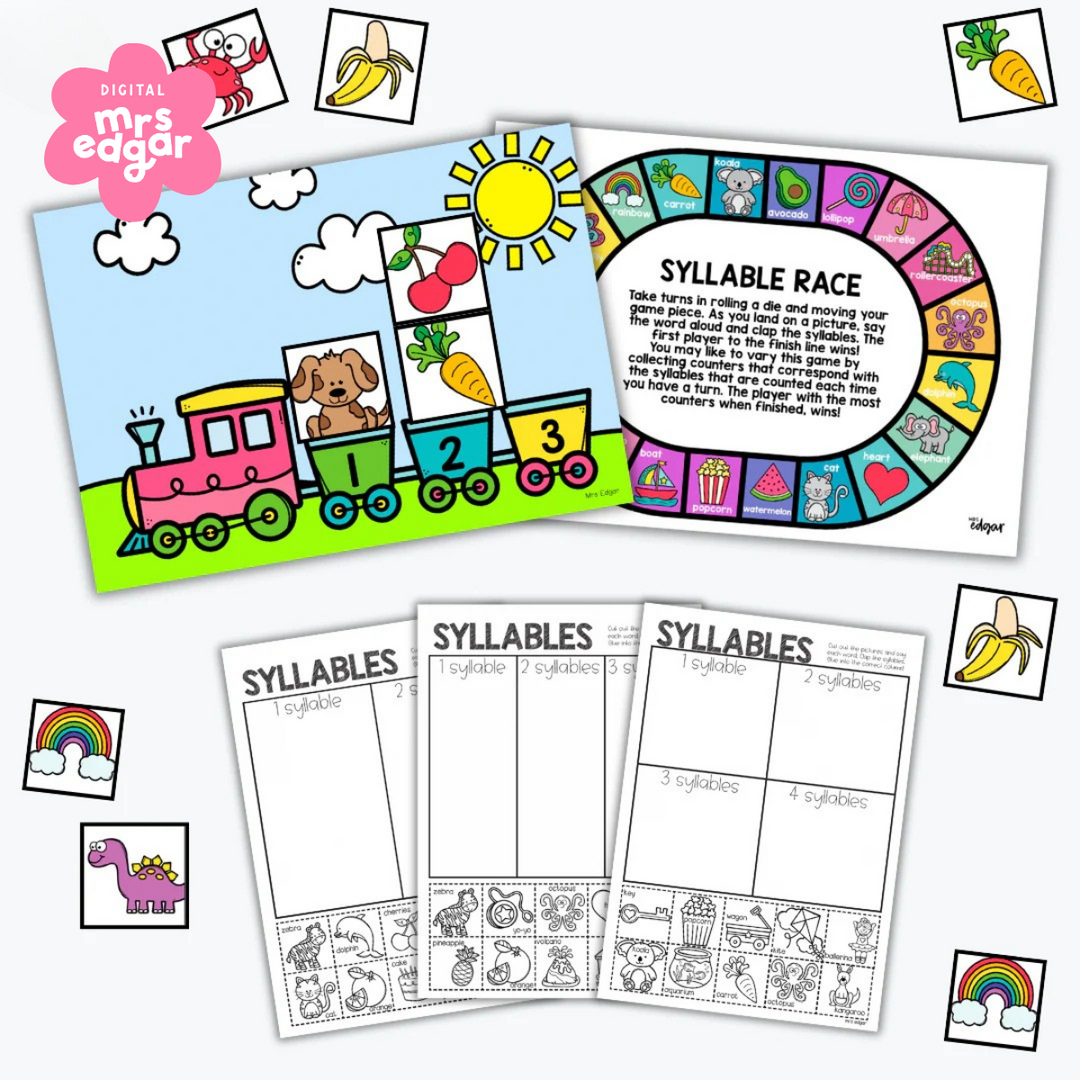 Syllables activity pack with colourful sorting train, race board game, and printable worksheets for counting syllables.