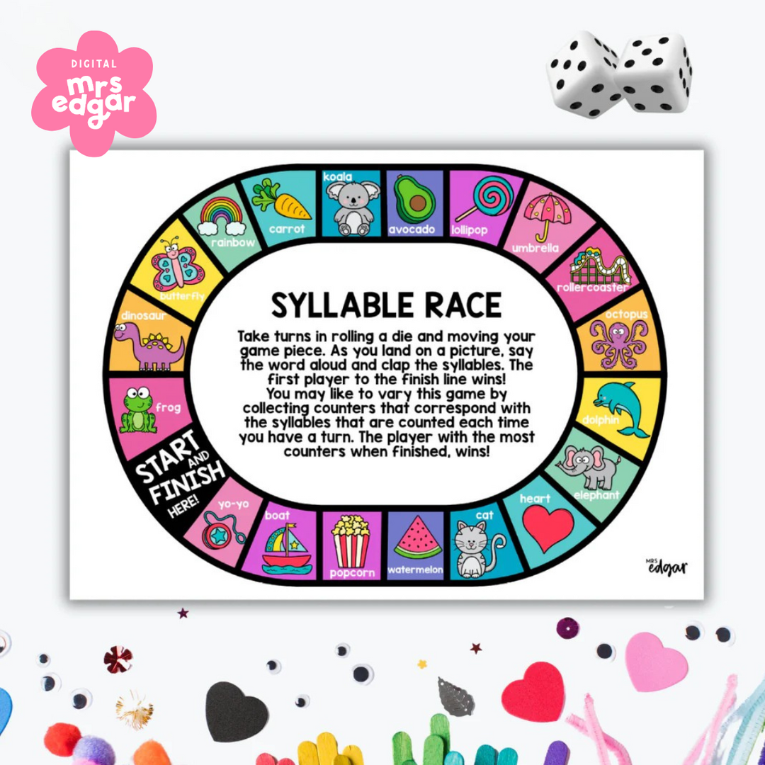 A photo of the Interactive teacher printable 'Syllable Game Prep Foundation Kindergarten games for students, featuring a white background displayed with over craft items.