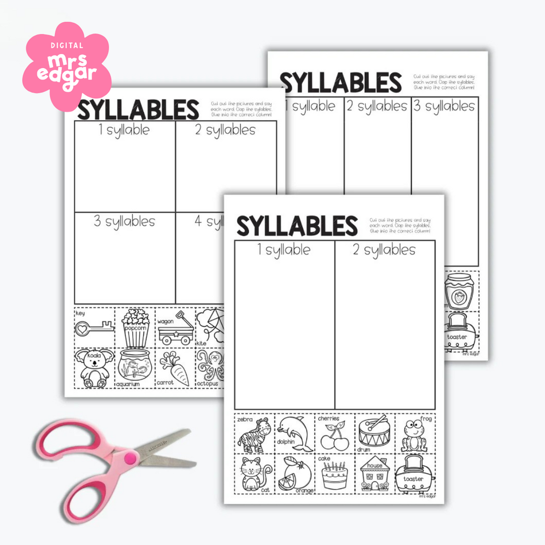 Worksheet for syllable activity with pictures and syllable counts (2, 3, 4) displayed on a white background, next to a pair of scissors.