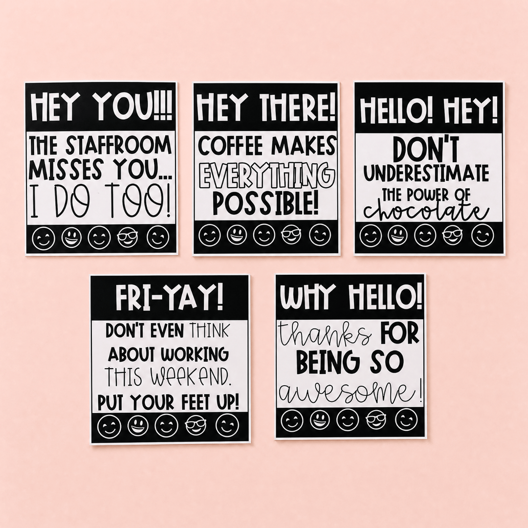 Collection of five teacher appreciation note cards with black and pink designs featuring motivational messages and smiley faces.