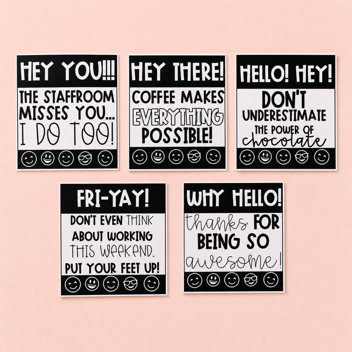 Collection of five teacher appreciation note cards with black and pink designs featuring motivational messages and smiley faces.