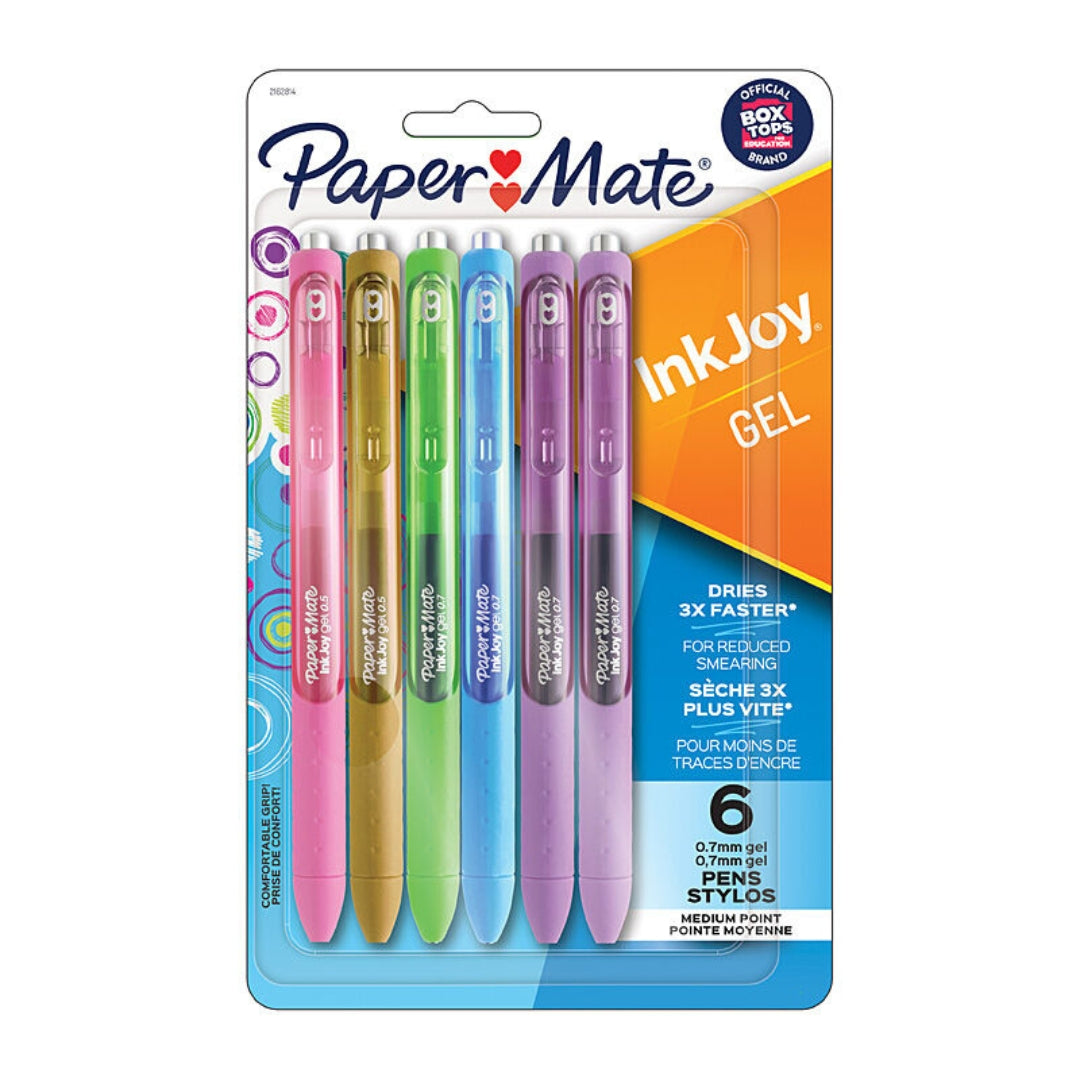 Pack of Paper Mate InkJoy gel pens in various colors on a white background