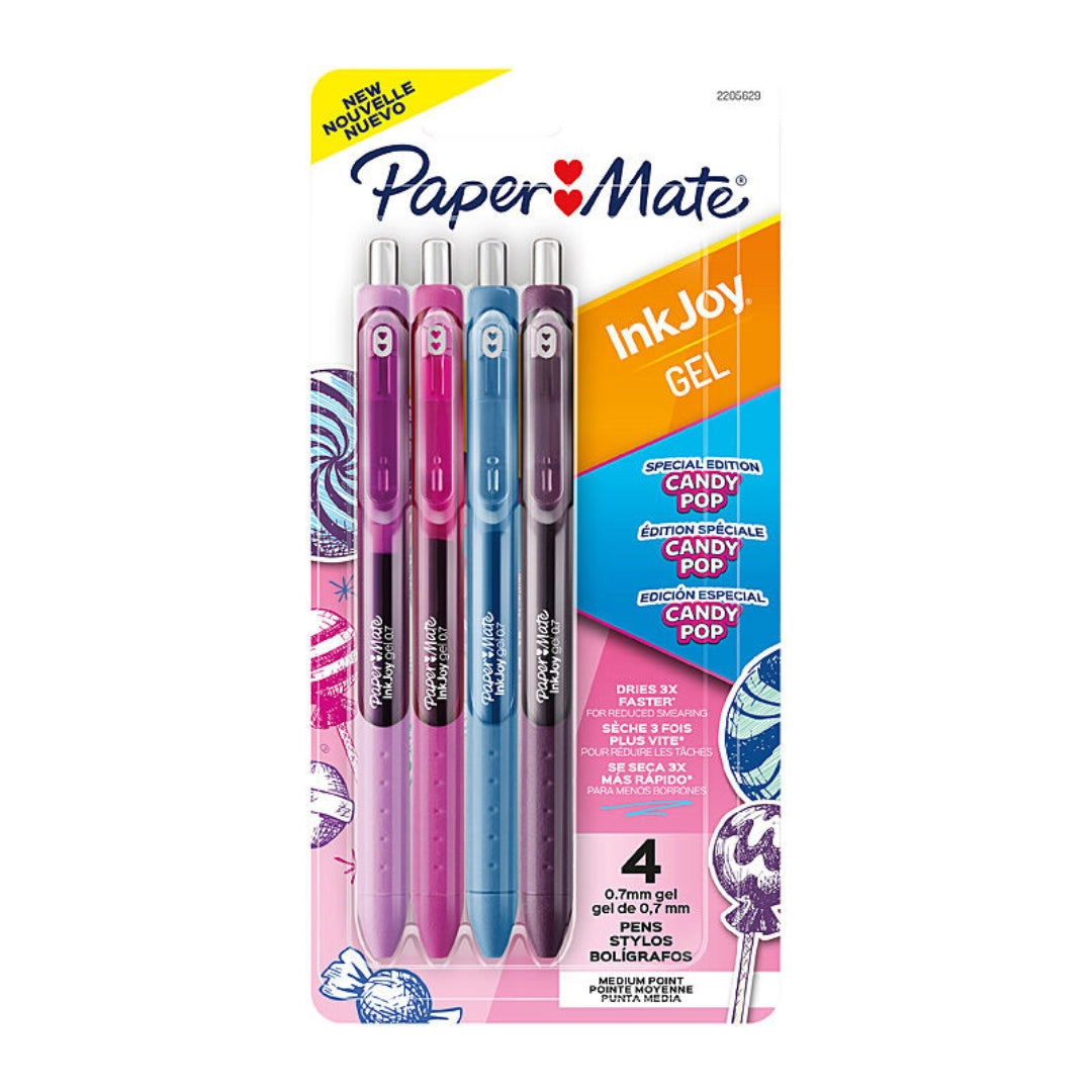 Pack of Paper Mate InkJoy gel pens with candy-themed packaging on a white background