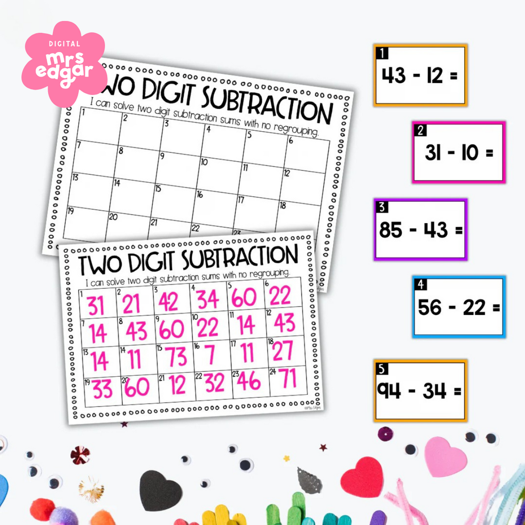 Includes a blank and completed two-digit subtraction answer sheet alongside task cards, encouraging interactive student participation.