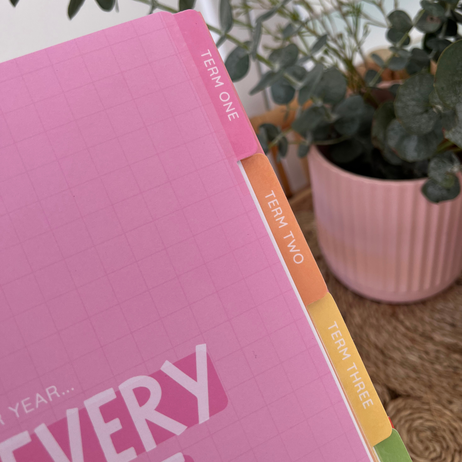 Close-up of a pink page in a 2026 teacher planner with colourful, rounded tab dividers labeled Term One, Term Two, and Term Three.