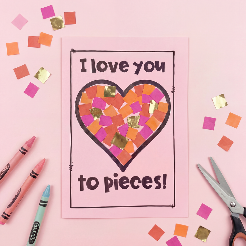 Cute Valentine’s Day craft activity featuring a mosaic heart design and the phrase “I love you to pieces!” Perfect for preschool, kindergarten, and early primary classrooms. Ideal for fine motor skills, cutting and pasting practice, Mother’s Day, Father’s Day, Valentine’s Day, friendship activities, and classroom art projects. Great for homeschool learning, bulletin board displays, morning work, centres, and SEL activities focused on kindness, love, and appreciation.
