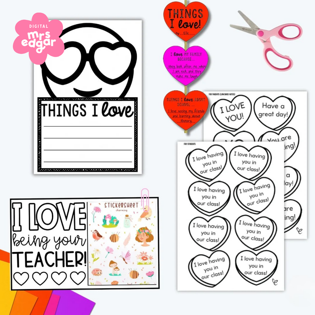 Valentine’s Day classroom activity set featuring heart-themed writing prompts, student and parent notes, and a “Things I Love” emoji worksheet. Includes a “I Love Being Your Teacher” sign, sticker sheet, and colourful craft supplies for hands-on fun.