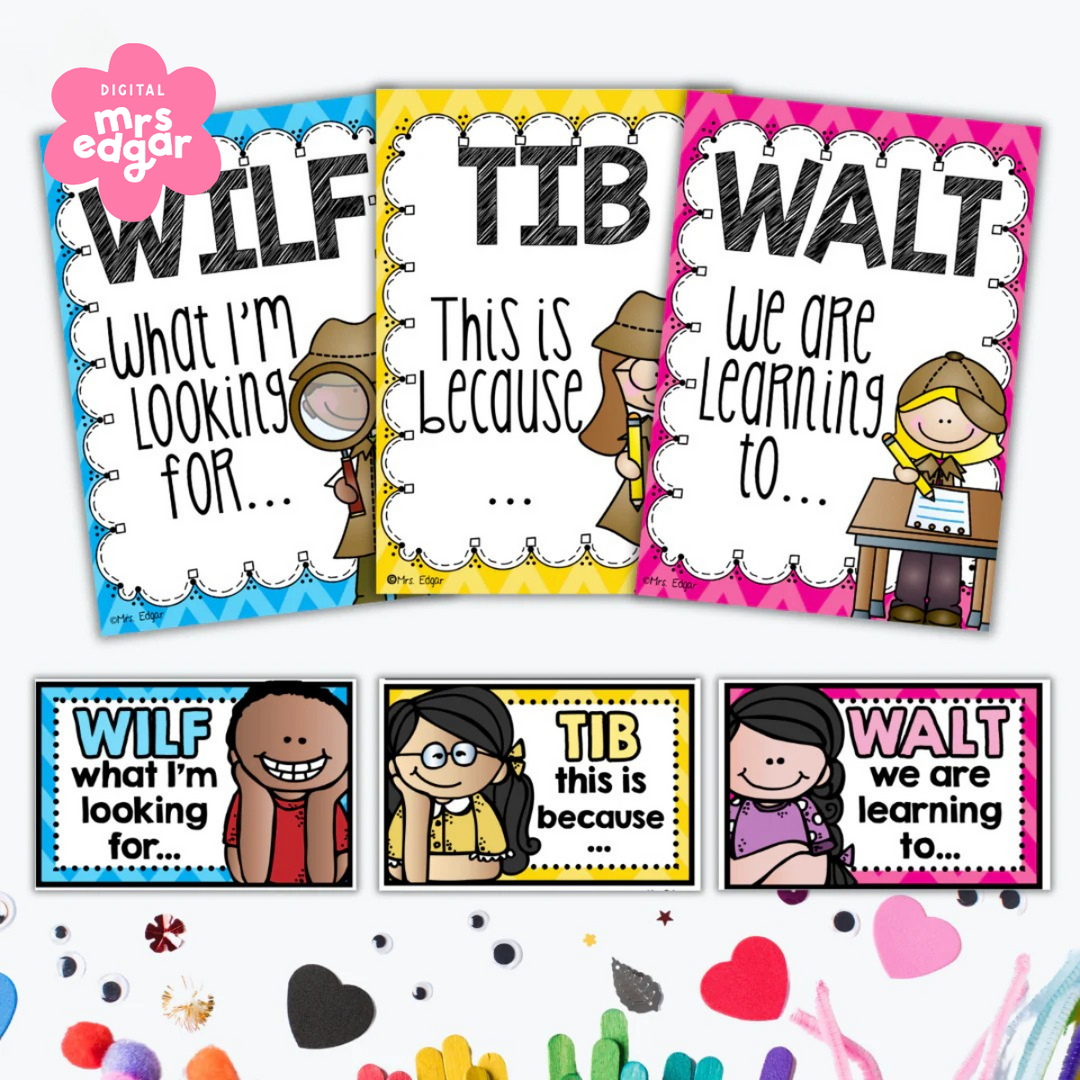 Bundle of WALT, WILF, and TIB classroom posters and mini cards in bright blue, yellow, and pink for teaching intentions and criteria. Great for visual learners and early years classroom organisation.
