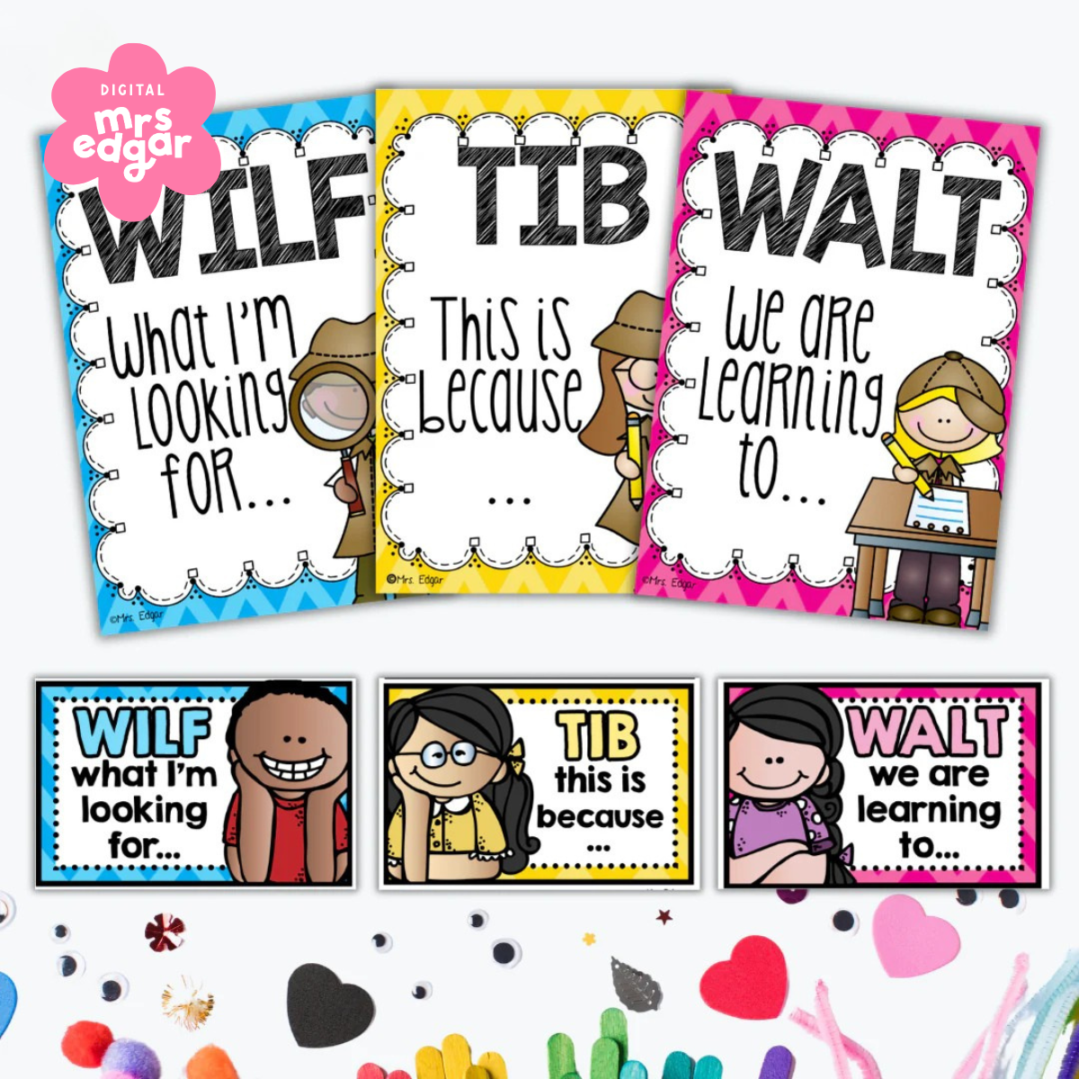 Bundle of WALT, WILF, and TIB classroom posters and mini cards in bright blue, yellow, and pink for teaching intentions and criteria. Great for visual learners and early years classroom organisation.
