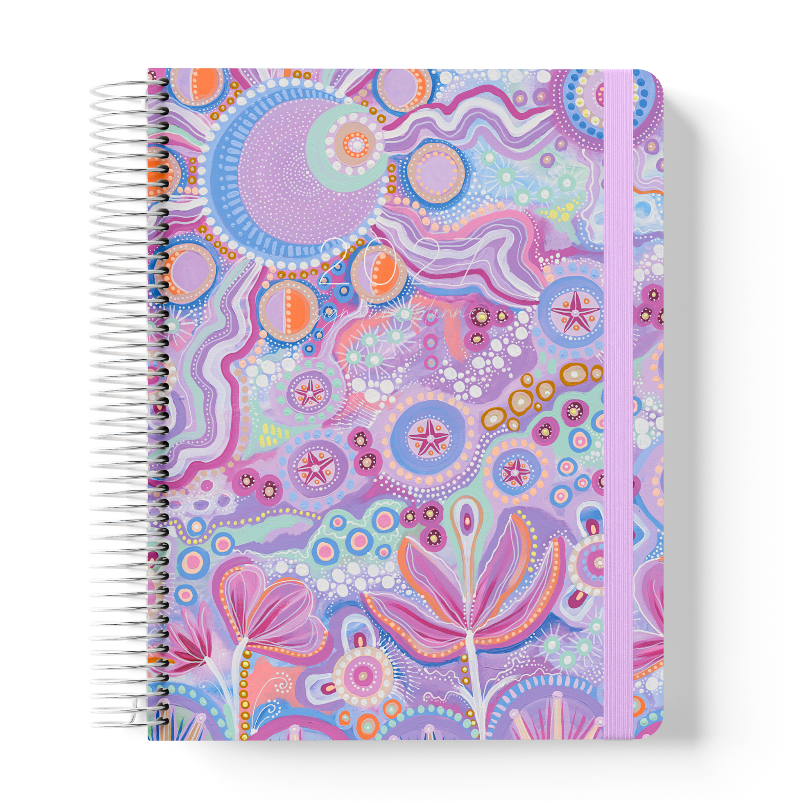 2027 teacher planner with vibrant purple abstract artwork, silver spiral binding and elastic closure for school organisation.