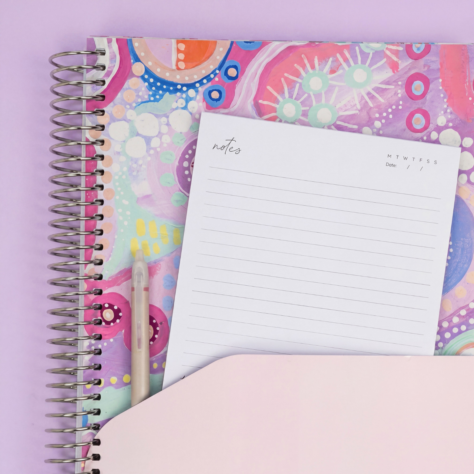 Teacher planner storage pocket with matching purple abstract design, notes page and pen for lesson planning essentials.