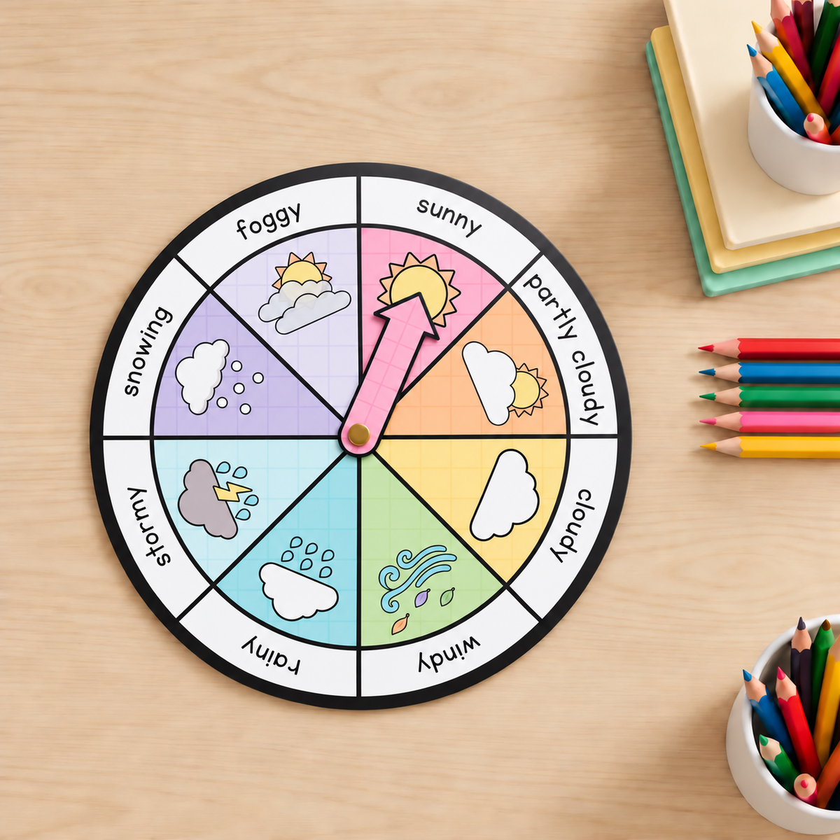 Gentle Classroom Decor weather wheel with pink pointer on a desk – sunny, partly cloudy, cloudy, windy, rainy, stormy, snowing, foggy