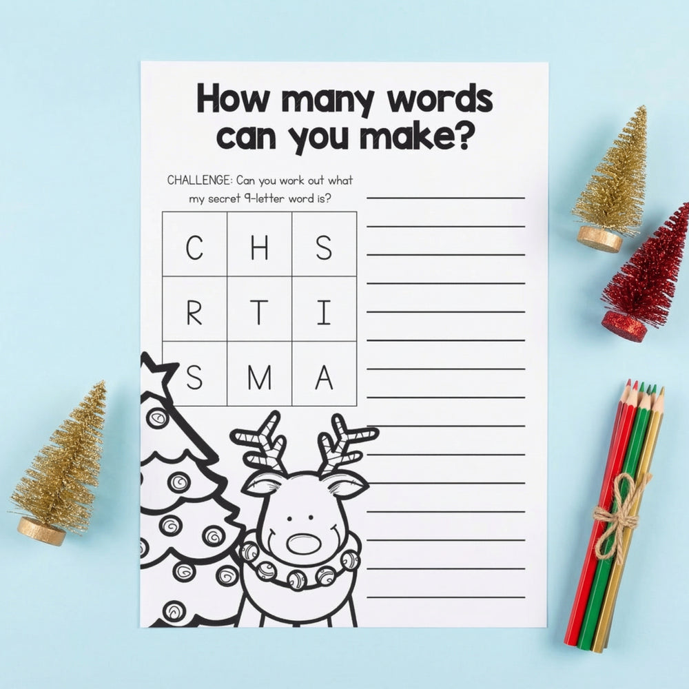 Printable Christmas word challenge worksheet asking “How many words can you make?” using letters in a grid. The page is styled on a blue background with coloured pencils and small Christmas tree decorations.