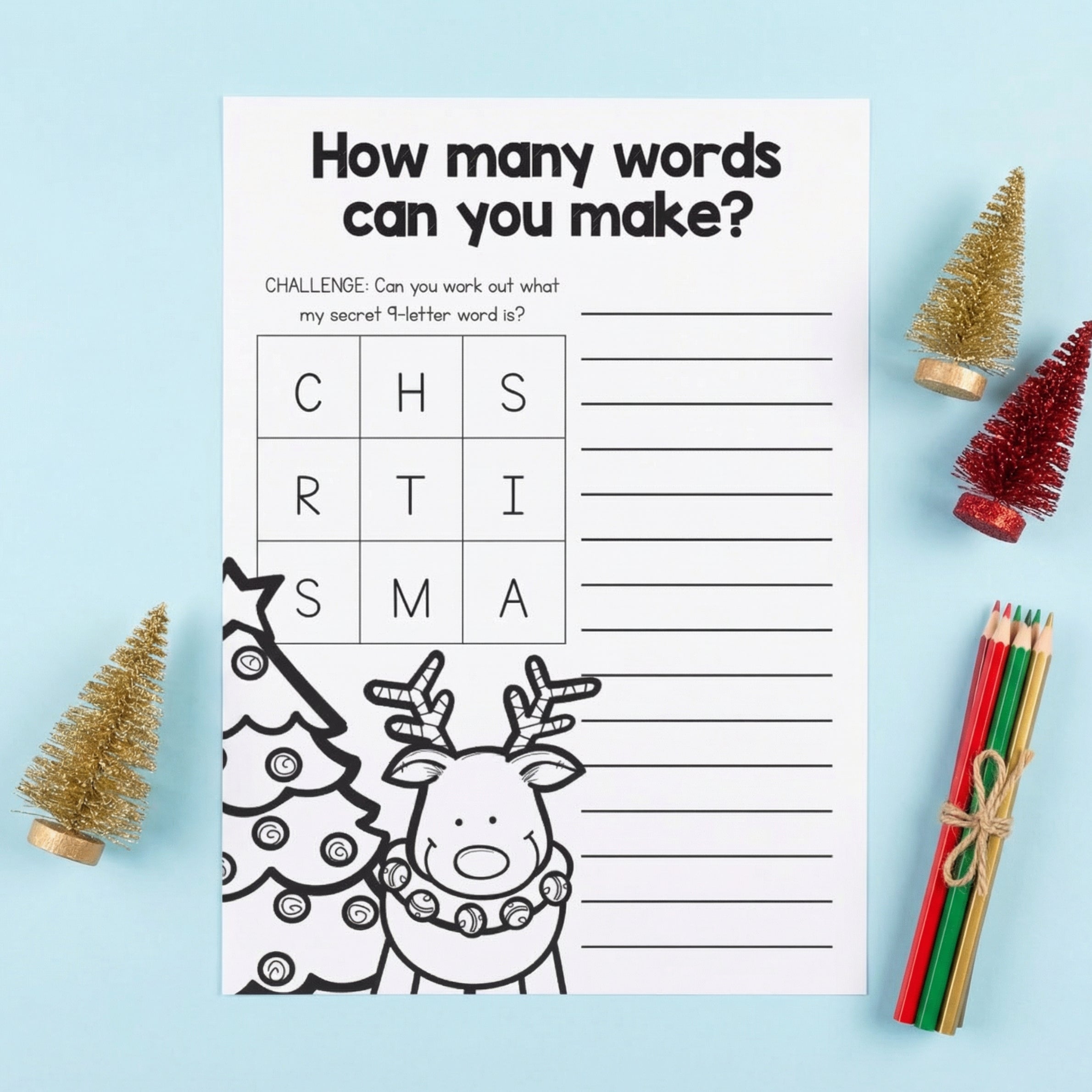Printable Christmas word challenge worksheet asking “How many words can you make?” using letters in a grid. The page is styled on a blue background with coloured pencils and small Christmas tree decorations.