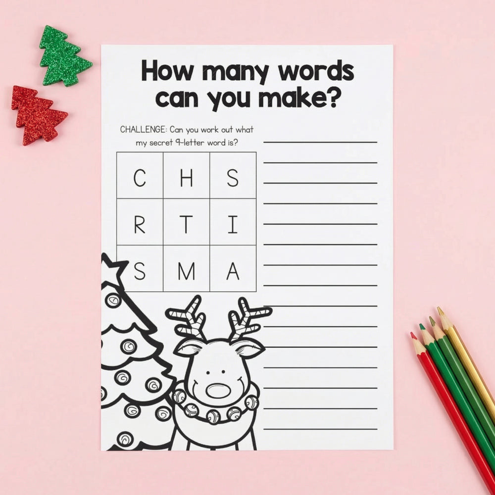 Printable Christmas word-making worksheet where students create as many words as possible from a letter grid. The worksheet is displayed on a pink background with coloured pencils and festive decorations.