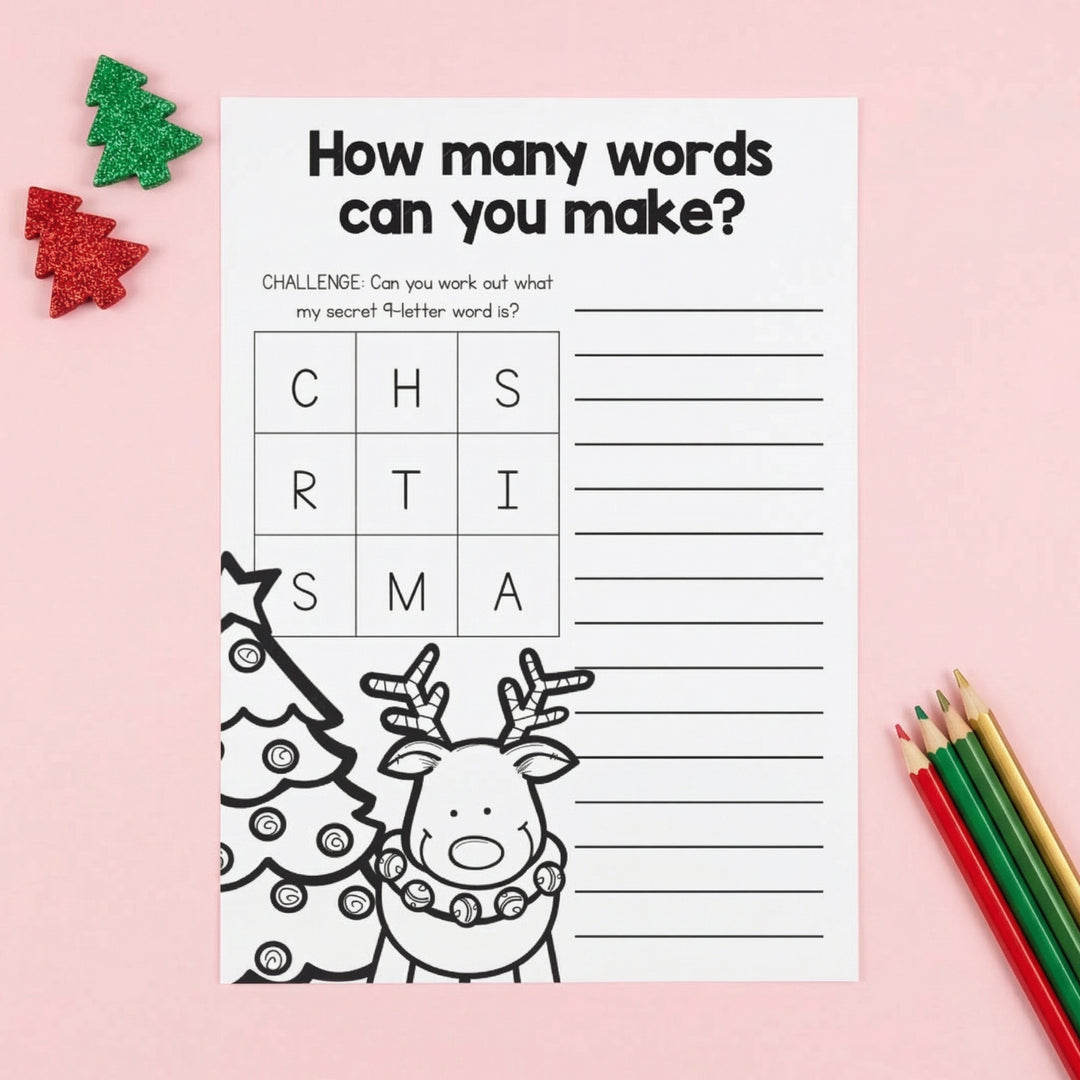 Printable Christmas word-making worksheet where students create as many words as possible from a letter grid. The worksheet is displayed on a pink background with coloured pencils and festive decorations.