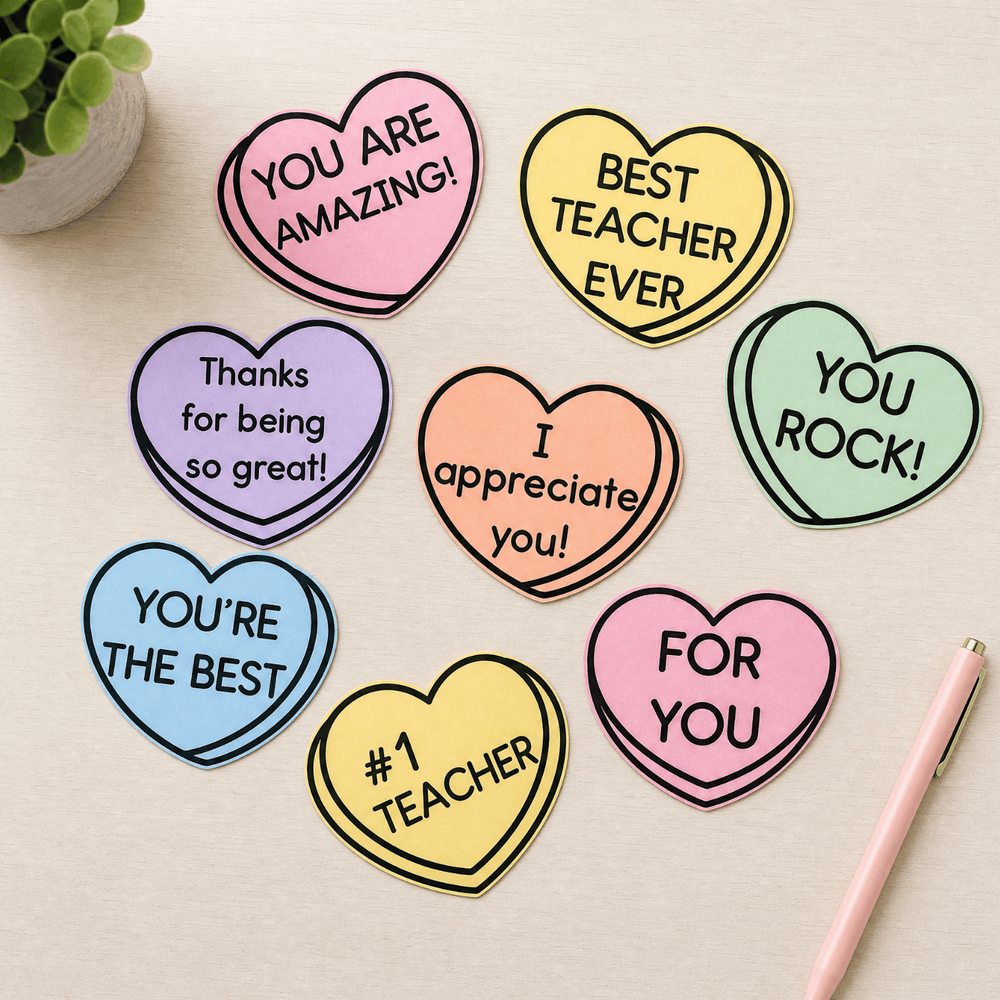 Teacher appreciation conversation hearts, coloured, with messages including 'Best Teacher Ever' and 'I appreciate you!' on desk.