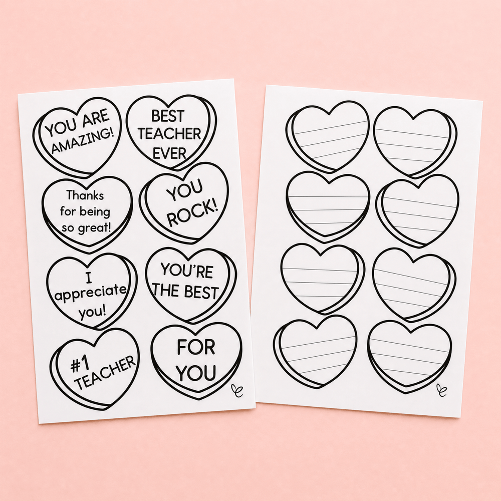 Blank conversation heart templates with lines for writing, ready for students to fill in teacher appreciation messages.