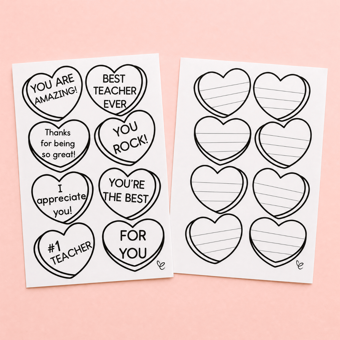 Blank conversation heart templates with lines for writing, ready for students to fill in teacher appreciation messages.