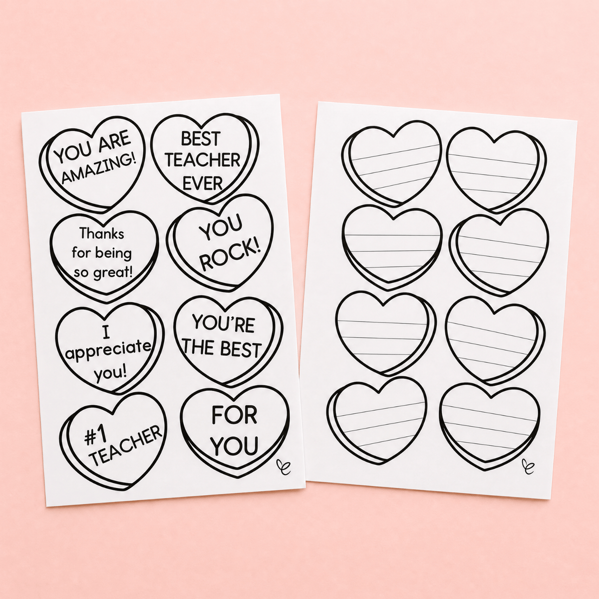 Blank conversation heart templates with lines for writing, ready for students to fill in teacher appreciation messages.