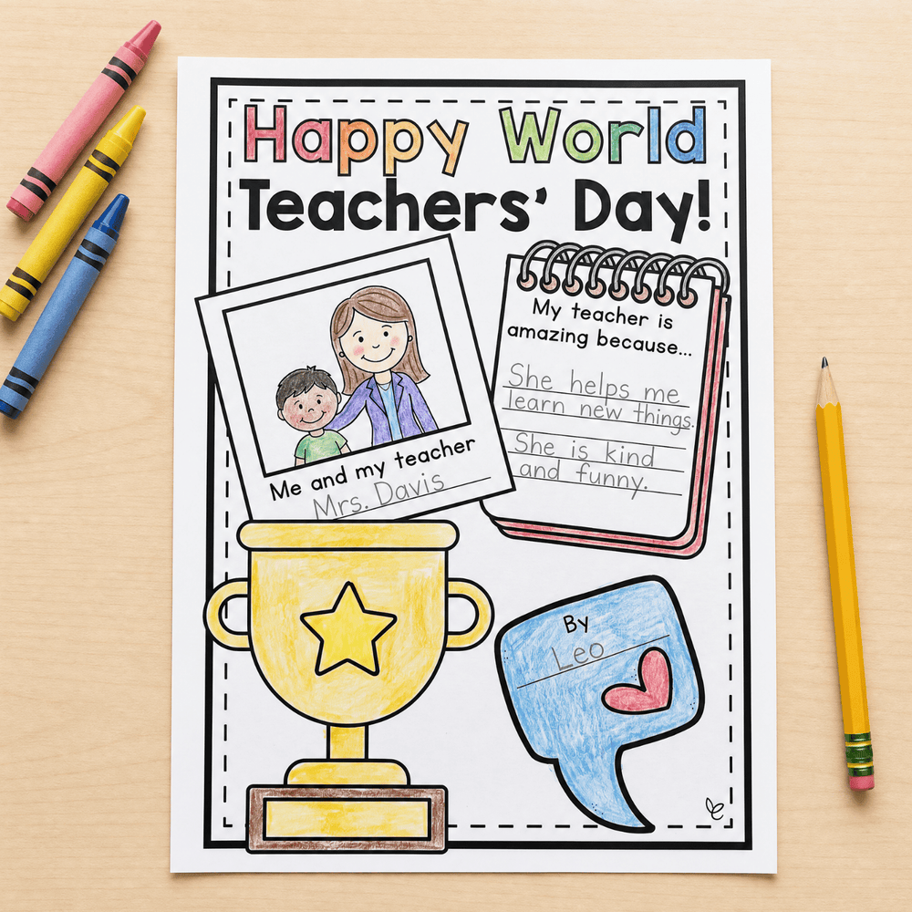 Completed 'Happy World Teachers' Day!' poster with hand-drawn student illustration of teacher and child, coloured with crayons.
