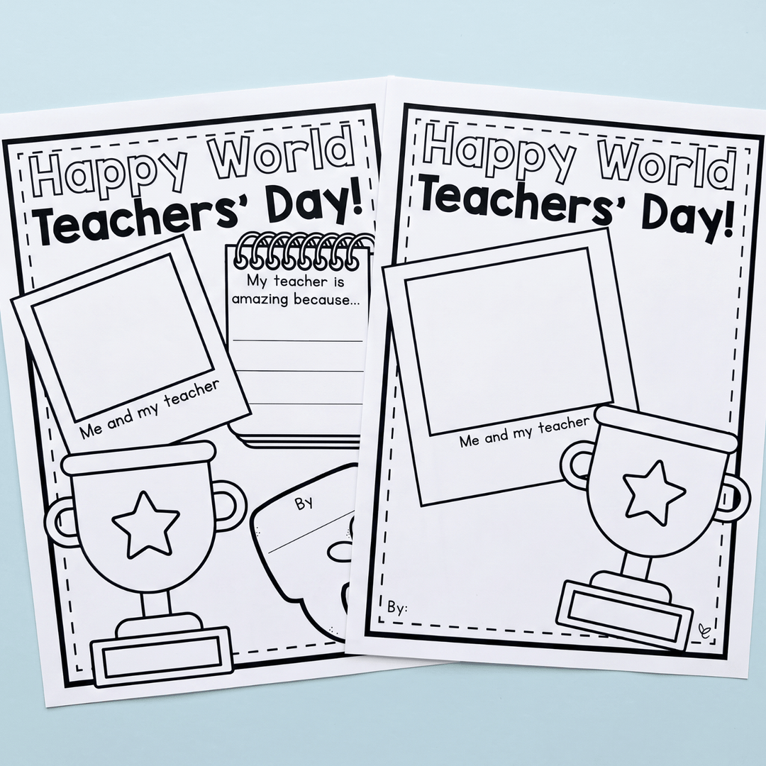 Blank 'Happy World Teachers' Day!' worksheet template with outlines for student drawing and writing, ready to colour in.