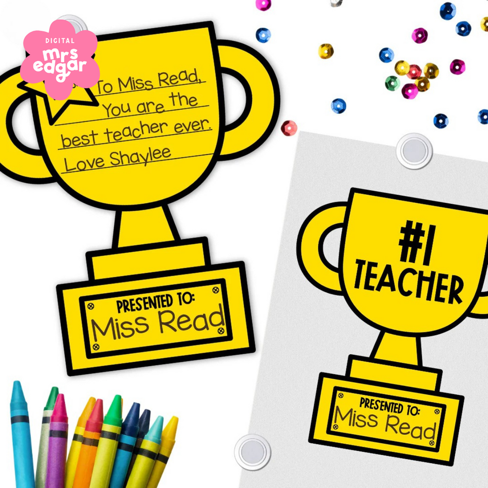 Two World Teacher's Day trophies on a desk with crayons and sequins, designed for writing special messages to teachers or role models.