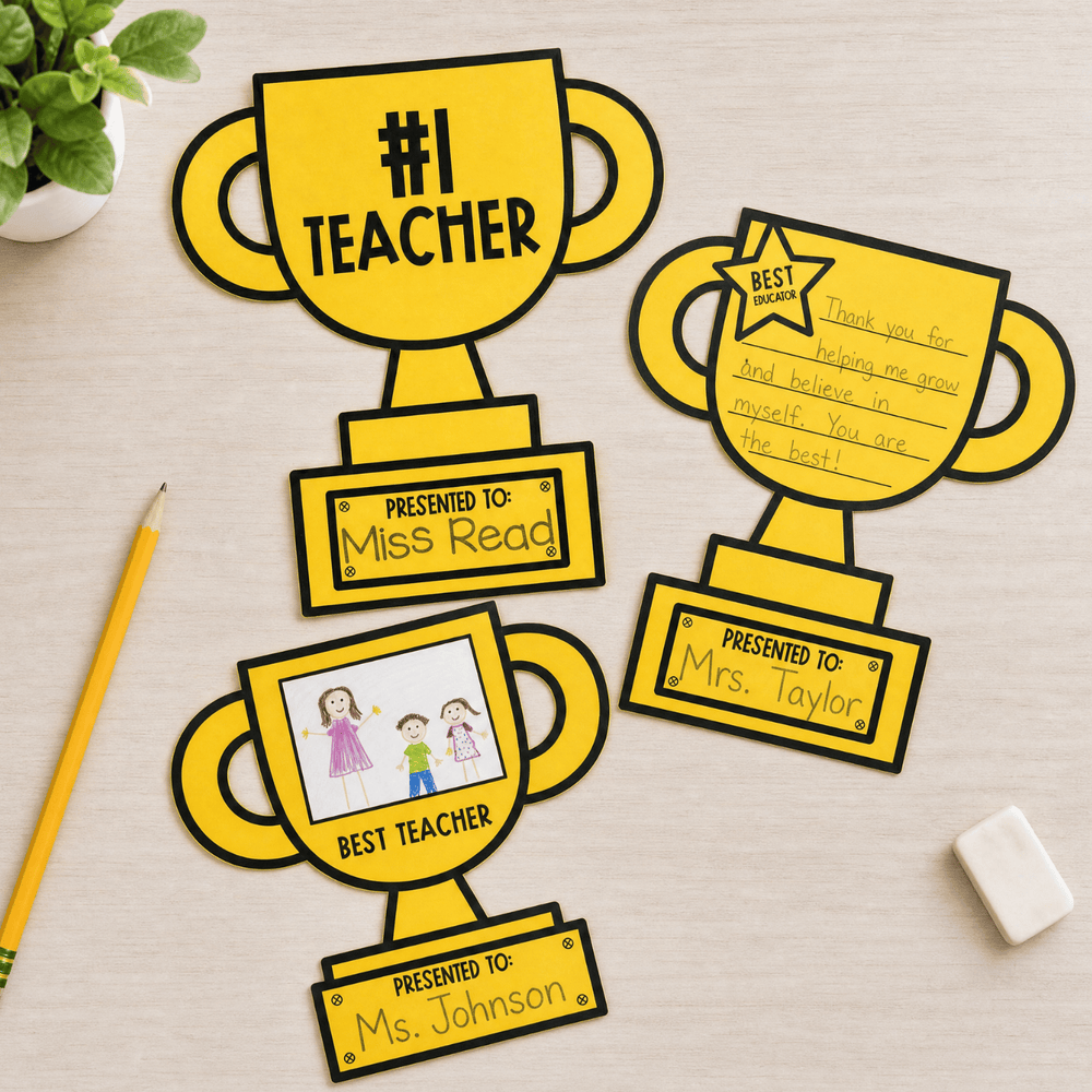 Yellow trophy cutouts with teacher award labels including 'Best Teacher' and '#1 Teacher' with presentation tags.