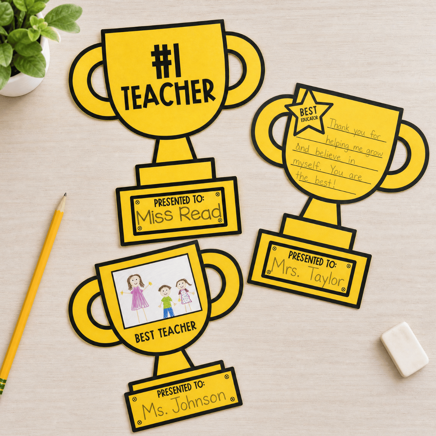 Yellow trophy cutouts with teacher award labels including 'Best Teacher' and '#1 Teacher' with presentation tags.