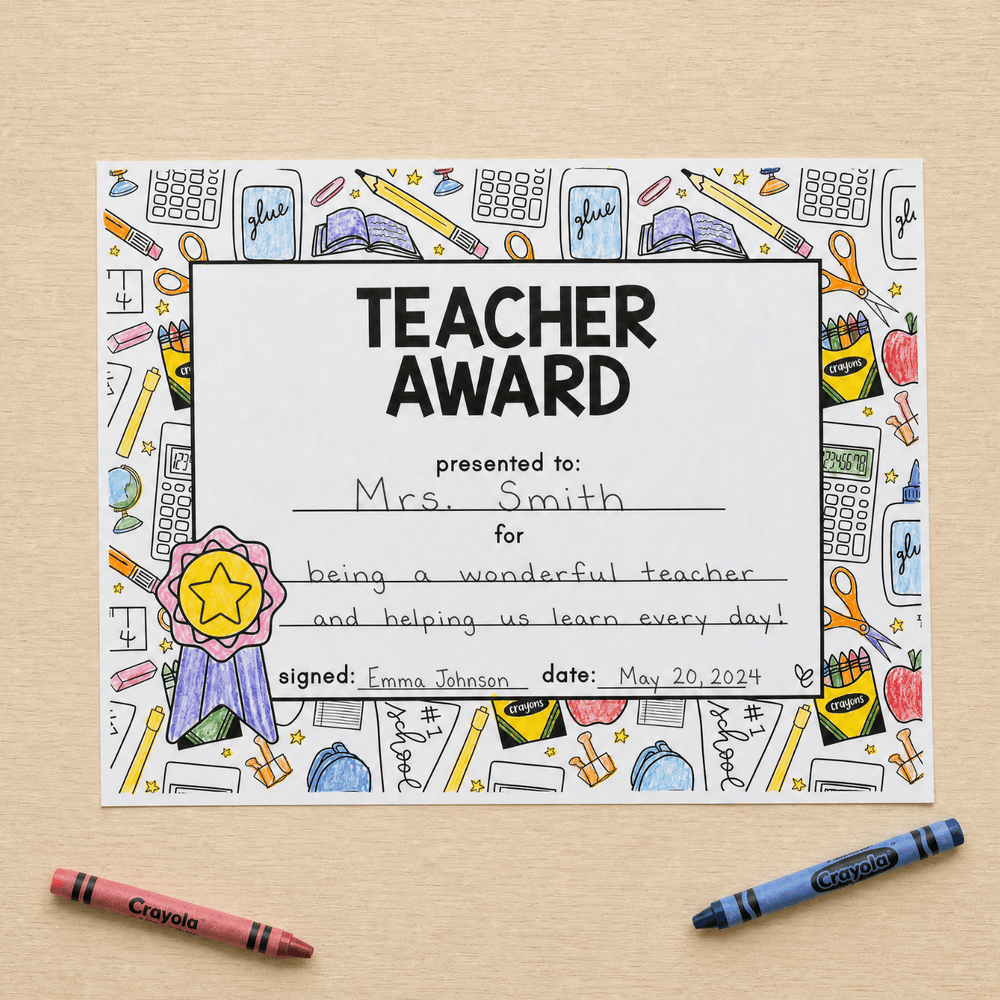 Teacher Award certificate with illustrated classroom border, completed with handwritten name, reason and date fields.