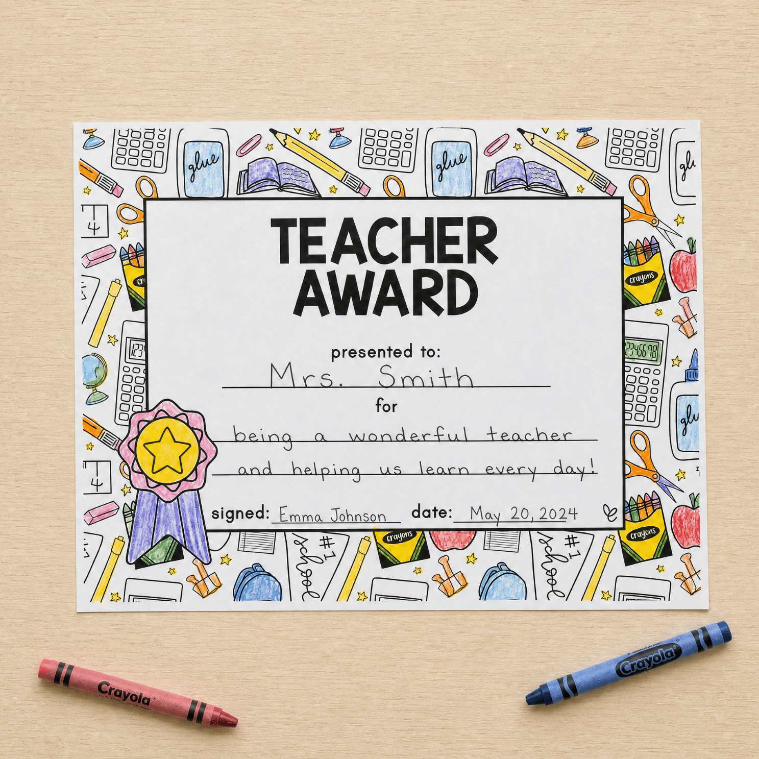 Teacher Award certificate with illustrated classroom border, completed with handwritten name, reason and date fields.